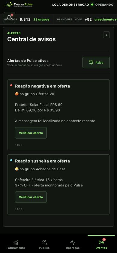 Central de avisos do Dealza Pulse no celular com contexto das reações